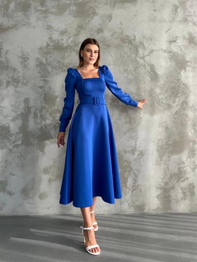 Kadın Kare Yaka Omuzları Balon Detay Kemer Dahil Midi Boy Elbise