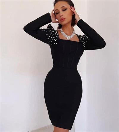 Kadın Kare Yaka Vatkalı Inci Detay Fırsat ürün Mini Elbise