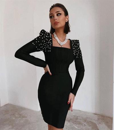 Kadın Kare Yaka Vatkalı Inci Detay Fırsat ürün Mini Elbise