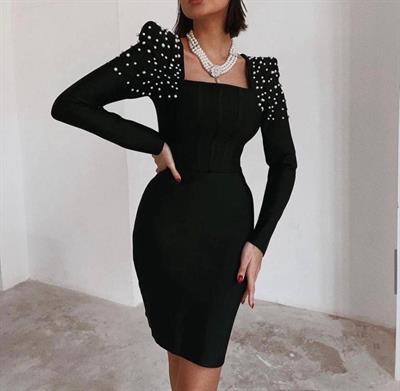 Kadın Kare Yaka Vatkalı Inci Detay Fırsat ürün Mini Elbise