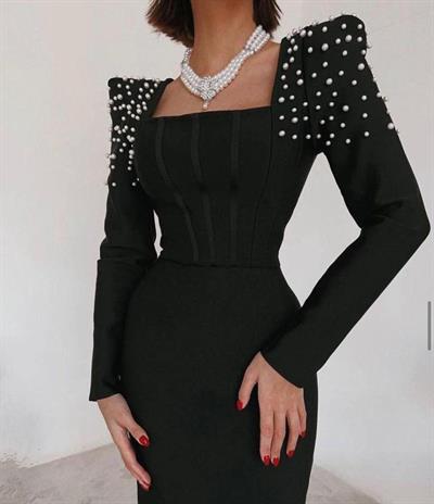 Kadın Kare Yaka Vatkalı Inci Detay Fırsat ürün Mini Elbise