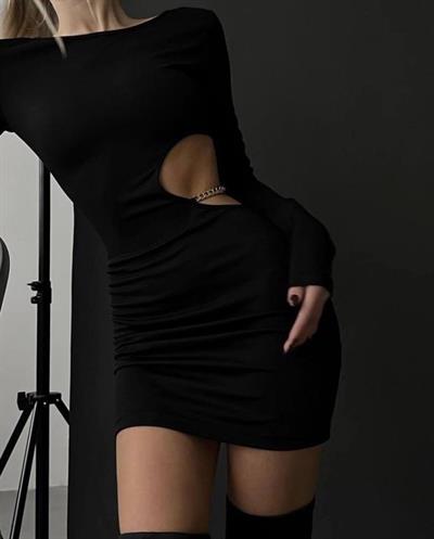 Kadın Kaşkorse Kumaş Dekolte Ve Zincir Detaylı Uzun Kollu Mini Boy Elbise