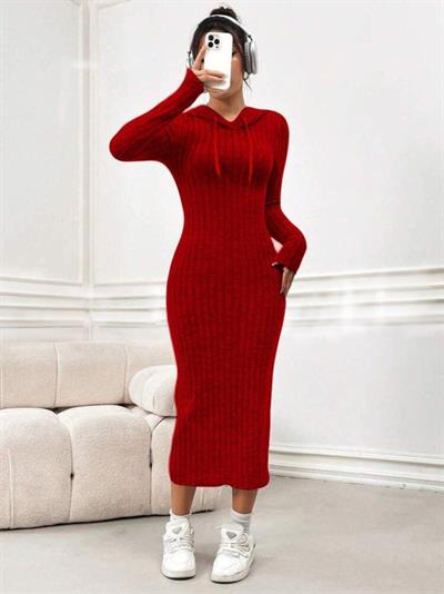 Kadın Kaşkorse Kumaş Kapüşonlu Maxi Boy Elbise