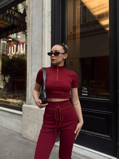 Kadın Kaşkorse Kumaş Yakası Fermuar Detaylı Tayt Takım