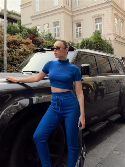 Kadın Kaşkorse Kumaş Yakası Fermuar Detaylı Tayt Takım