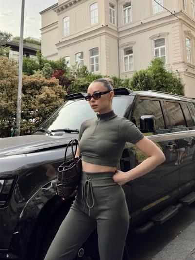 Kadın Kaşkorse Kumaş Yakası Fermuar Detaylı Tayt Takım