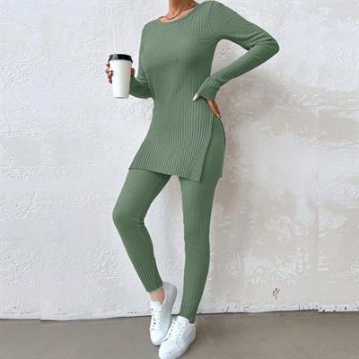 Kadın Kaşkorse Kumaş Yırtmaç Detaylı Bluz Ve Pantolon Ikili Takım