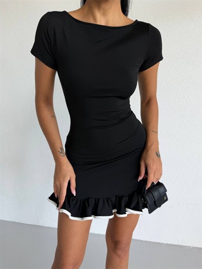 Kadın Kayık Yaka Kısa Kollu Eteği Olan Detay Dalgıç Kumaş Mini Elbise