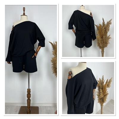 Kadın Kayık Yaka Oversize Asimetrik Bluz Ve şort Iki Iplik Takım
