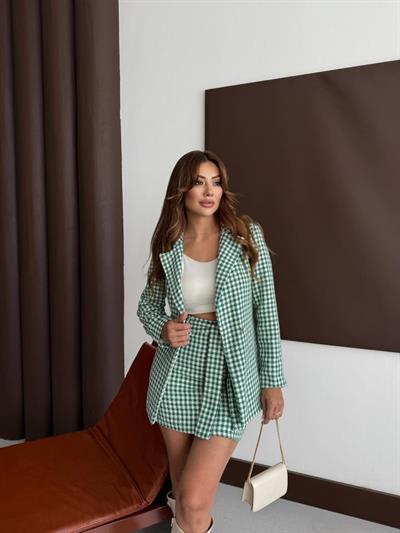 Kadın Kaz Ayağı Desenli Kemerli, Astarlı Vatkalı Ceket 3 Lü Takım