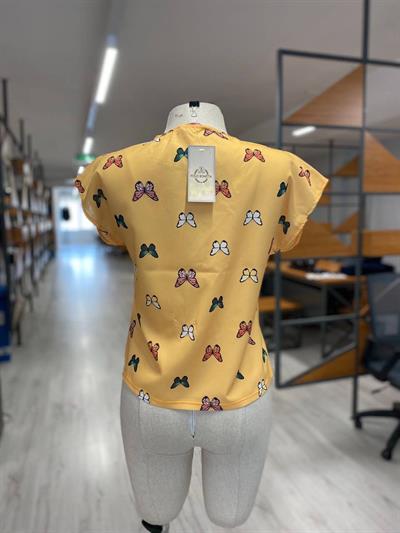 Kadın Kelebek Desenli Moss Krep Kumaş Tişört