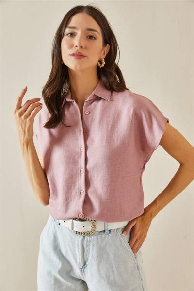 Kadın Keten Kumaş Kısa Kollu Gömlek