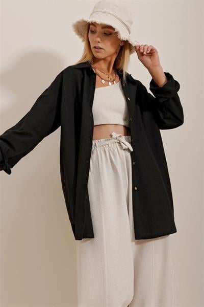 Kadın Keten Kumaş Oversize Gömlek