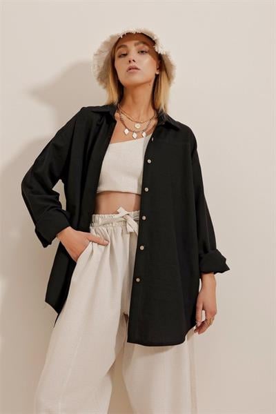 Kadın Keten Kumaş Oversize Gömlek