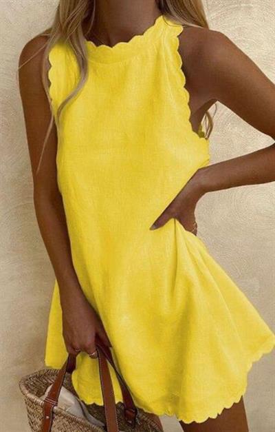 Kadın Keten Kumaş Sıfır Kol Mini Boy Elbise