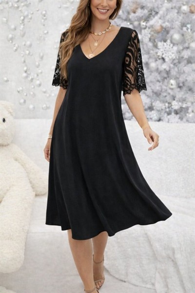 Kadın Kısa Dantel Kollu V Yakalı Midi Viskon Elbise