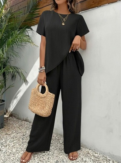 Kadın Kısa Kollu Bisiklet Yaka Asimetrik Kesim Detaylı Bürümcük Bluz Ve Pantolon Ikili Takım