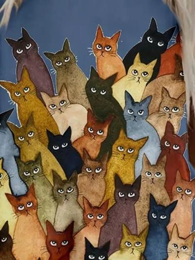 Kadın Kısa Kollu Bisiklet Yaka Kedi Baskılı Süprem Bluz