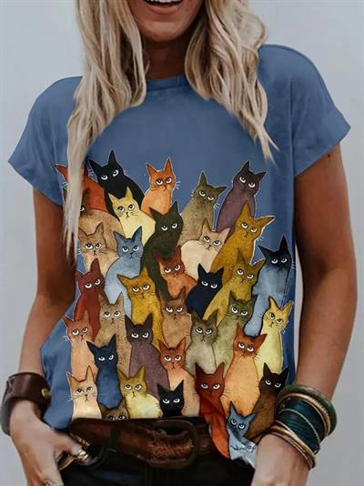 Kadın Kısa Kollu Bisiklet Yaka Kedi Baskılı Süprem Bluz