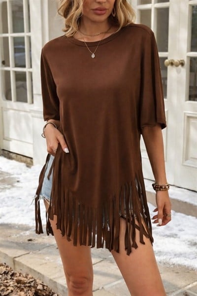 Kadın Kısa Kollu Bisiklet Yaka Püsküllü Viskon Bluz