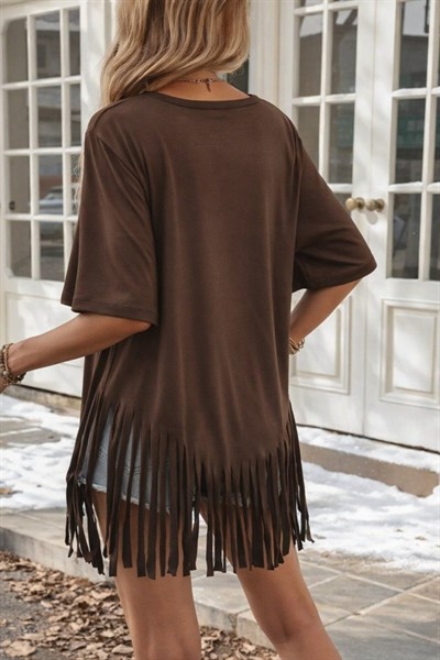 Kadın Kısa Kollu Bisiklet Yaka Püsküllü Viskon Bluz