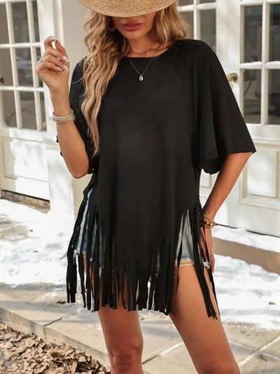 Kadın Kısa Kollu Bisiklet Yaka Püsküllü Viskon Bluz