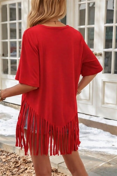 Kadın Kısa Kollu Bisiklet Yaka Püsküllü Viskon Bluz