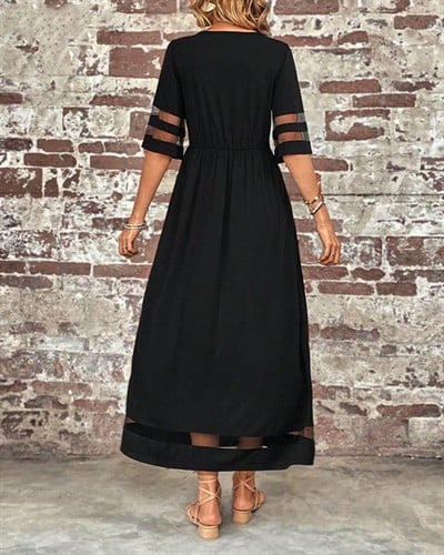 Kadın Kısa Kollu Bisiklet Yaka Tül Detaylı Janjan Krep Maksi Elbise