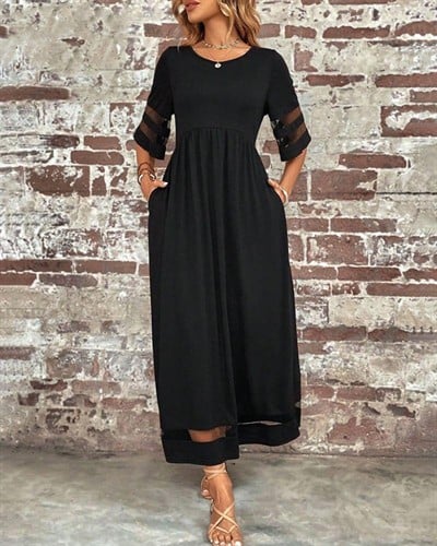 Kadın Kısa Kollu Bisiklet Yaka Tül Detaylı Janjan Krep Maksi Elbise