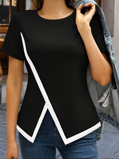 Kadın Kısa Kollu Bisiklet Yaka Viskon Bluz