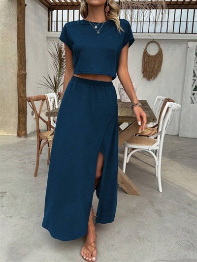 Kadın Kısa Kollu Bisiklet Yaka Viskon Krop Bluz Ve Uzun Etek Ikili Takım