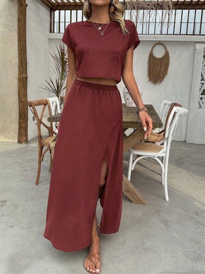 Kadın Kısa Kollu Bisiklet Yaka Viskon Krop Bluz Ve Uzun Etek Ikili Takım