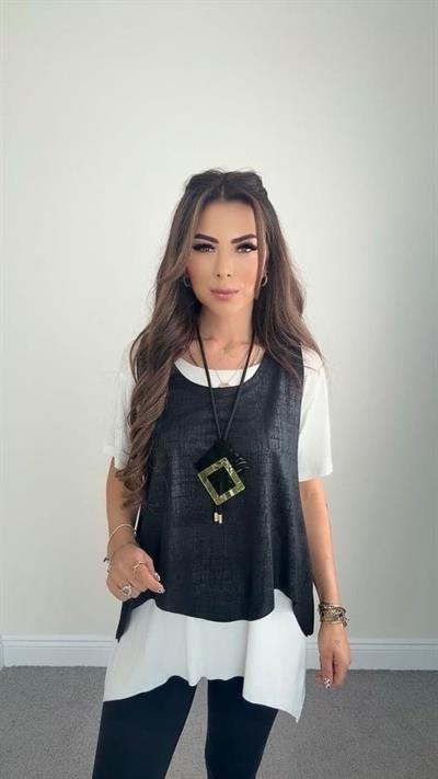 Kadın Kısa Kollu Bisiklet Yaka Yelek Bluz Asimetrik Kesim İkili Takım