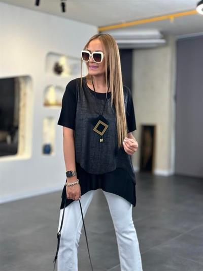 Kadın Kısa Kollu Bisiklet Yaka Yelek Bluz Asimetrik Kesim İkili Takım