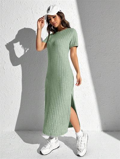 Kadın Kısa Kollu Bisiklet Yaka Yırtmaç Detay Fitilli Kaşkorse Tam Boy Elbise