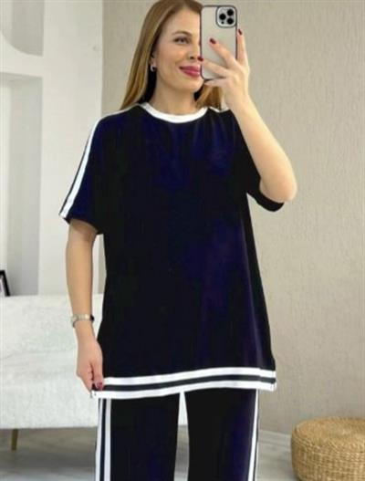 Kadın Kısa Kollu Bisiklet Yaka çift Renk şerit Detaylı Viskon Iki Iplik Bluz Ve Pantolon Ikili Takım