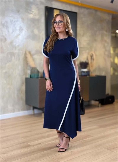 Kadın Kısa Kollu Bisiklet Yaka çift şerit Renk Detaylı Asimetrik Kesim Viskon Iki Iplik Elbise