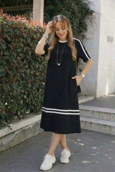 Kadın Kısa Kollu Bisiklet Yaka şerit Detaylı Midi Viskon Elbise