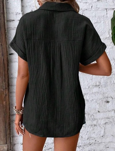 Kadın Kısa Kollu Cep Detay Müslin Kumaş Gömlek