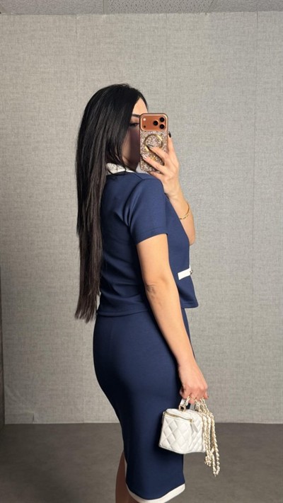 Kadın Kısa Kollu Cep Ve Düğme Detay Ceket Ve Diz üstü Etek Ikili Takım