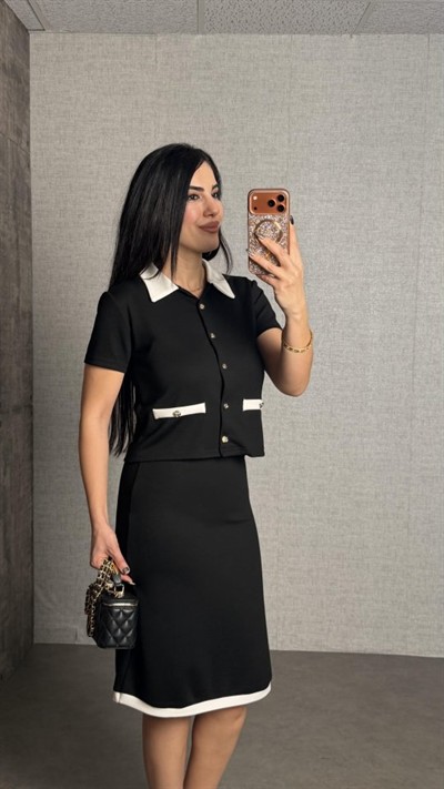 Kadın Kısa Kollu Cep Ve Düğme Detay Ceket Ve Diz üstü Etek Ikili Takım