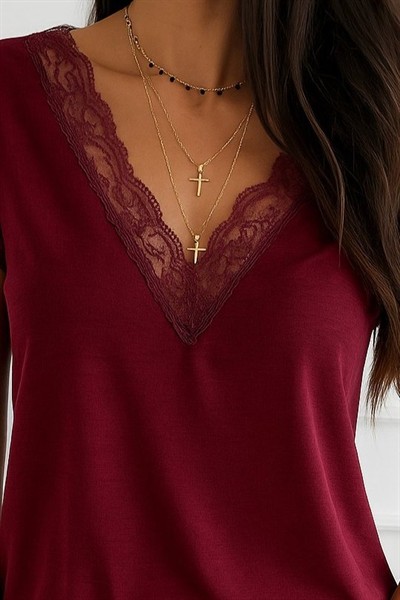 Kadın Kısa Kollu Dantelli V Yaka Sandy Bluz