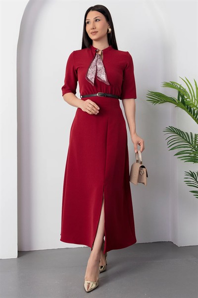 Kadın Kısa Kollu Fular Ve Kemer Detay önden Yırtmaçlı Maxi Boy Elbise