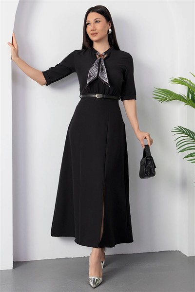 Kadın Kısa Kollu Fular Ve Kemer Detay önden Yırtmaçlı Maxi Boy Elbise