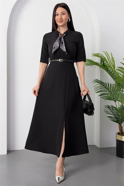 Kadın Kısa Kollu Fular Ve Kemer Detay önden Yırtmaçlı Maxi Boy Elbise