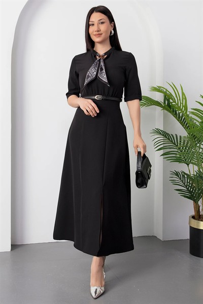 Kadın Kısa Kollu Fular Ve Kemer Detay önden Yırtmaçlı Maxi Boy Elbise