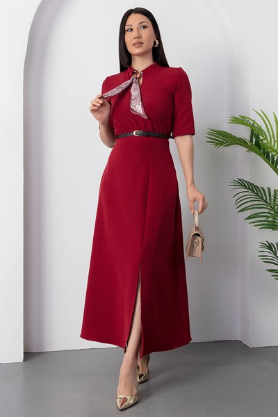 Kadın Kısa Kollu Fular Ve Kemer Detay önden Yırtmaçlı Maxi Boy Elbise