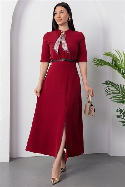 Kadın Kısa Kollu Fular Ve Kemer Detay önden Yırtmaçlı Maxi Boy Elbise