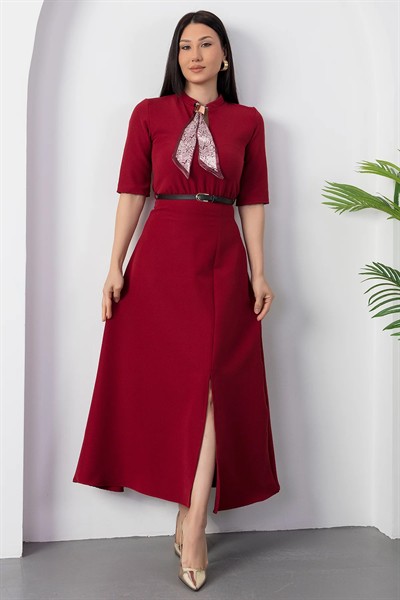 Kadın Kısa Kollu Fular Ve Kemer Detay önden Yırtmaçlı Maxi Boy Elbise