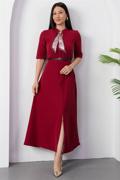 Kadın Kısa Kollu Fular Ve Kemer Detay önden Yırtmaçlı Maxi Boy Elbise